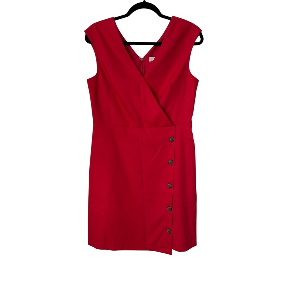 Loft Dress Womens Size 6 Red Side Button Faux Wrap Sleeveless V-Neck Midi Shift